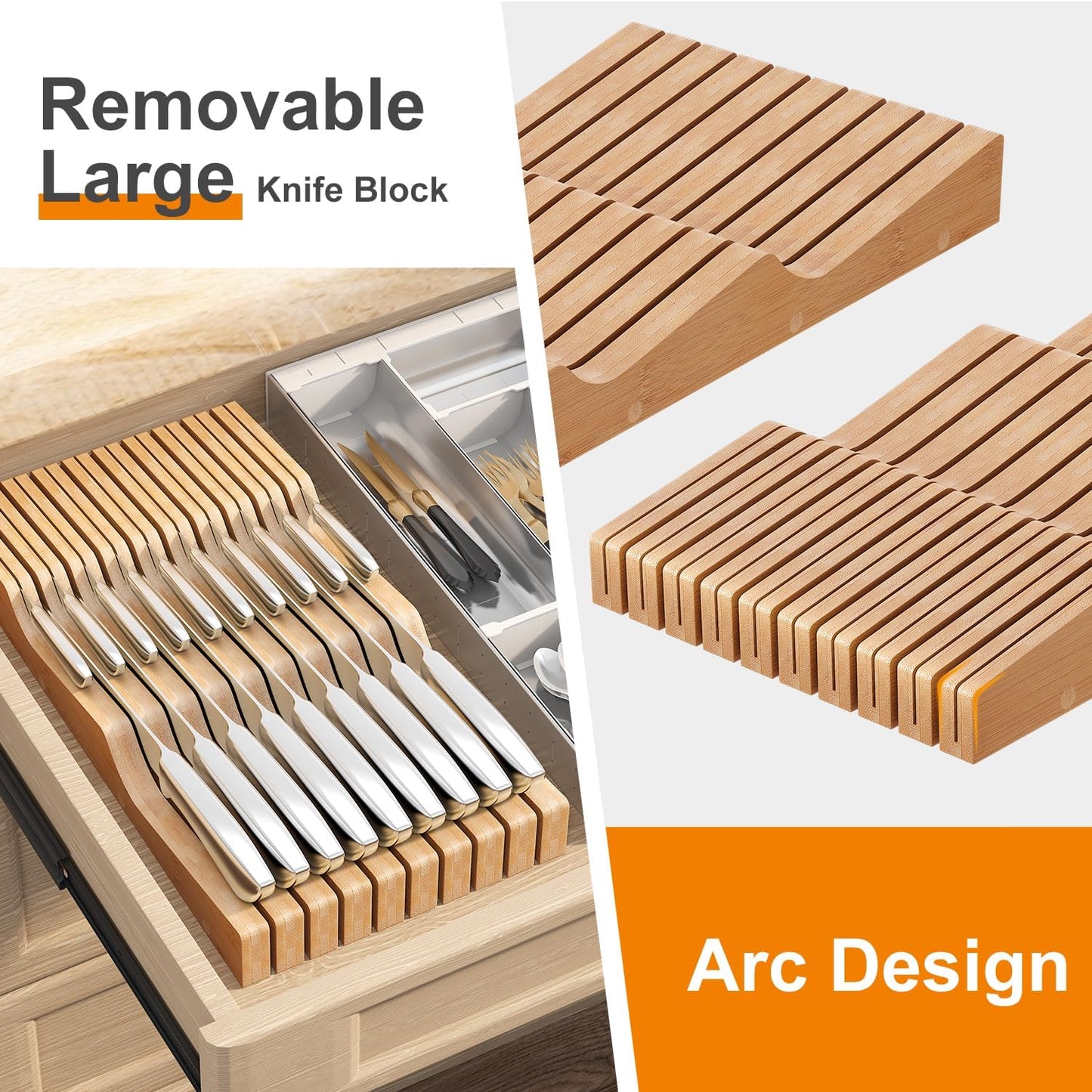 In-Drawer Knife Block Organizer - Bamboo Wood Drawer Knife Organizer-Protecting Knife Organizer Block (Not Included) (Natural, 7 Knives Dock)