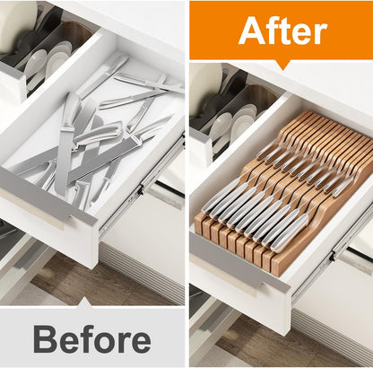 In-Drawer Knife Block Organizer - Bamboo Wood Drawer Knife Organizer-Protecting Knife Organizer Block (Not Included) (Natural, 7 Knives Dock)