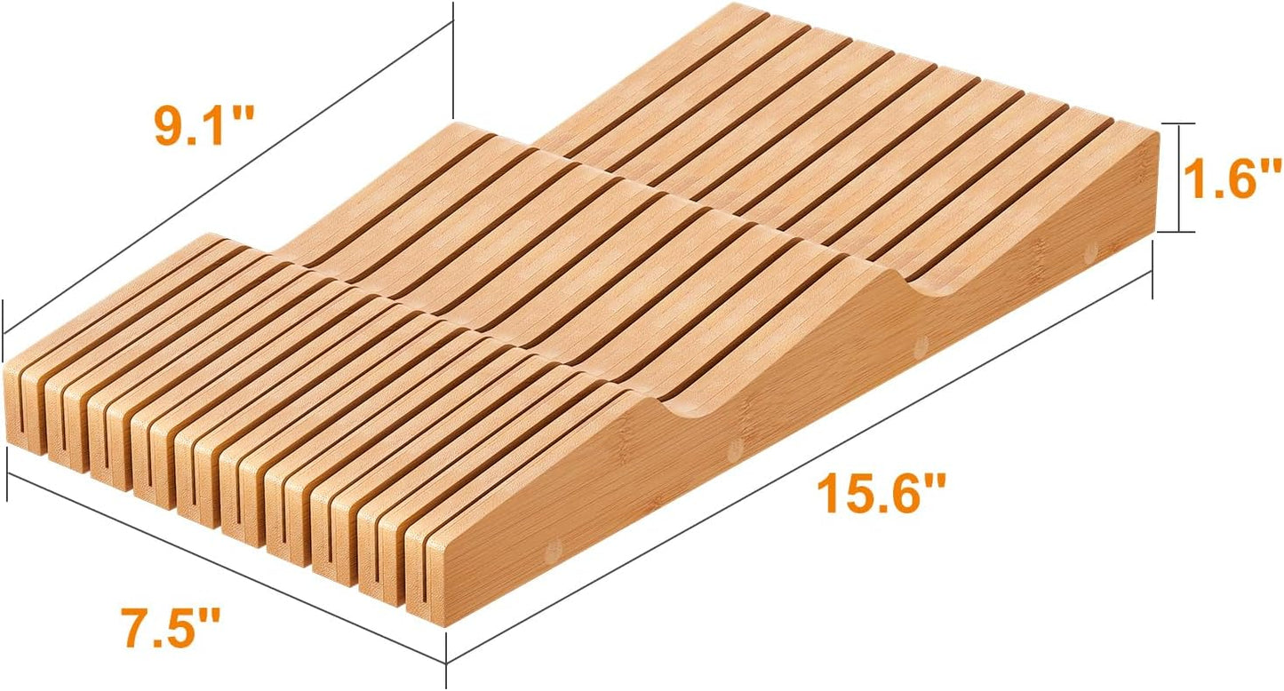 In-Drawer Knife Block Organizer - Bamboo Wood Drawer Knife Organizer-Protecting Knife Organizer Block (Not Included) (Natural, 7 Knives Dock)