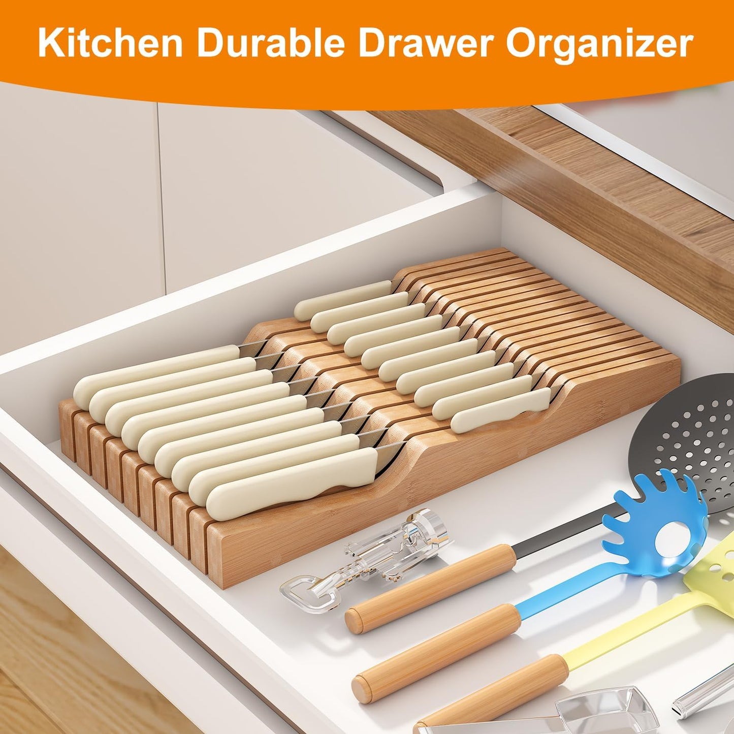 In-Drawer Knife Block Organizer - Bamboo Wood Drawer Knife Organizer-Protecting Knife Organizer Block (Not Included) (Natural, 7 Knives Dock)