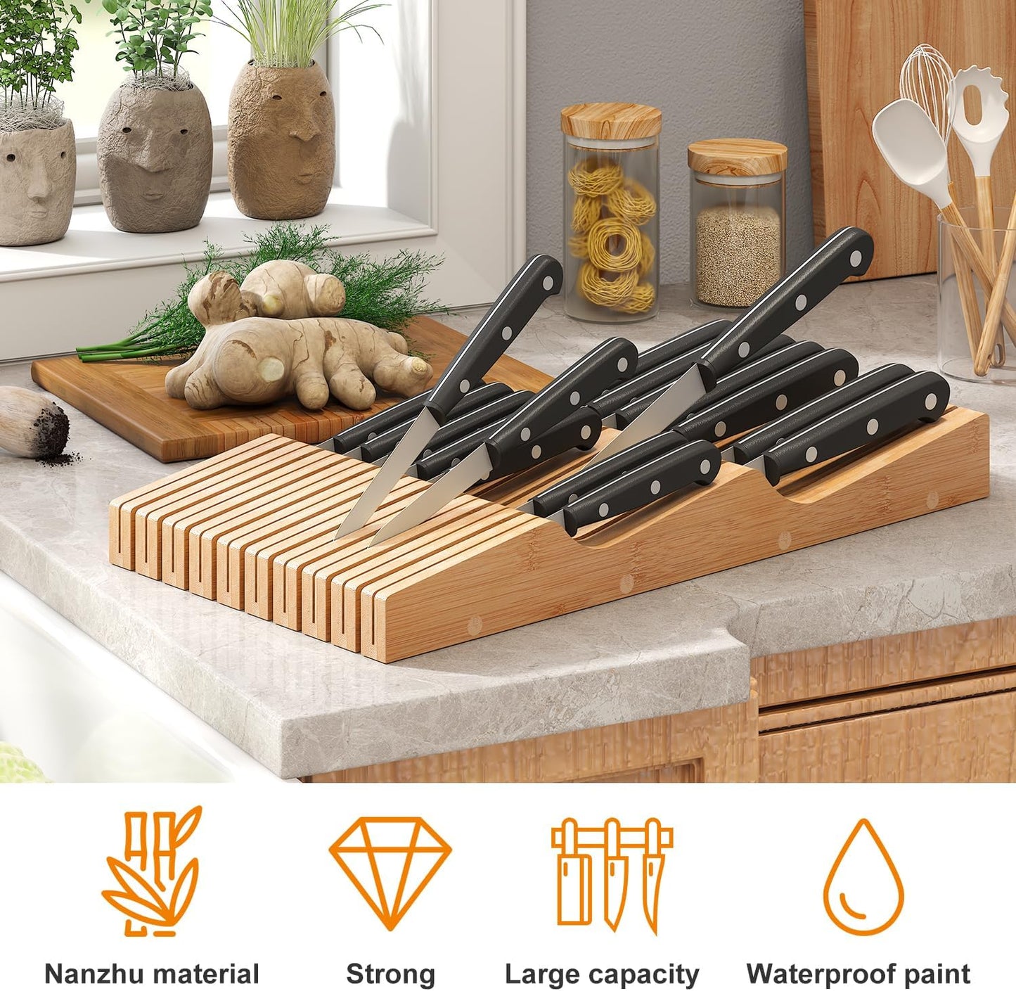 In-Drawer Knife Block Organizer - Bamboo Wood Drawer Knife Organizer-Protecting Knife Organizer Block (Not Included) (Natural, 7 Knives Dock)