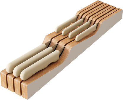 In-Drawer Knife Block Organizer - Bamboo Wood Drawer Knife Organizer-Protecting Knife Organizer Block (Not Included) (Natural, 7 Knives Dock)