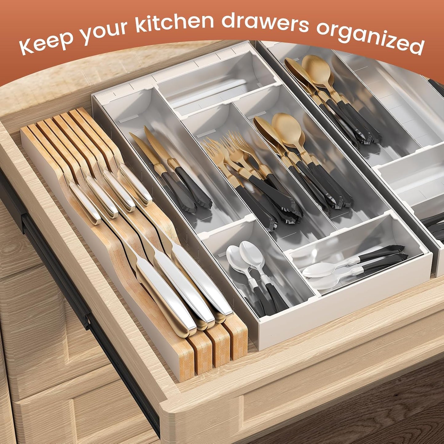 In-Drawer Knife Block Organizer - Bamboo Wood Drawer Knife Organizer-Protecting Knife Organizer Block (Not Included) (Natural, 7 Knives Dock)