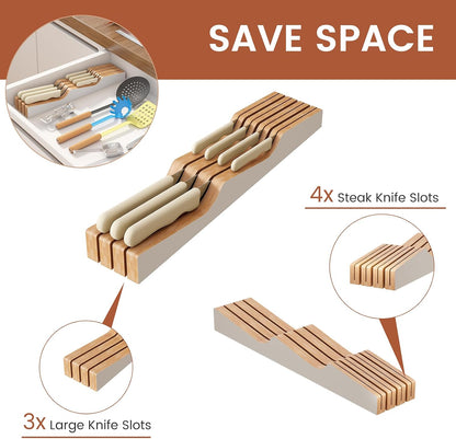 In-Drawer Knife Block Organizer - Bamboo Wood Drawer Knife Organizer-Protecting Knife Organizer Block (Not Included) (Natural, 7 Knives Dock)
