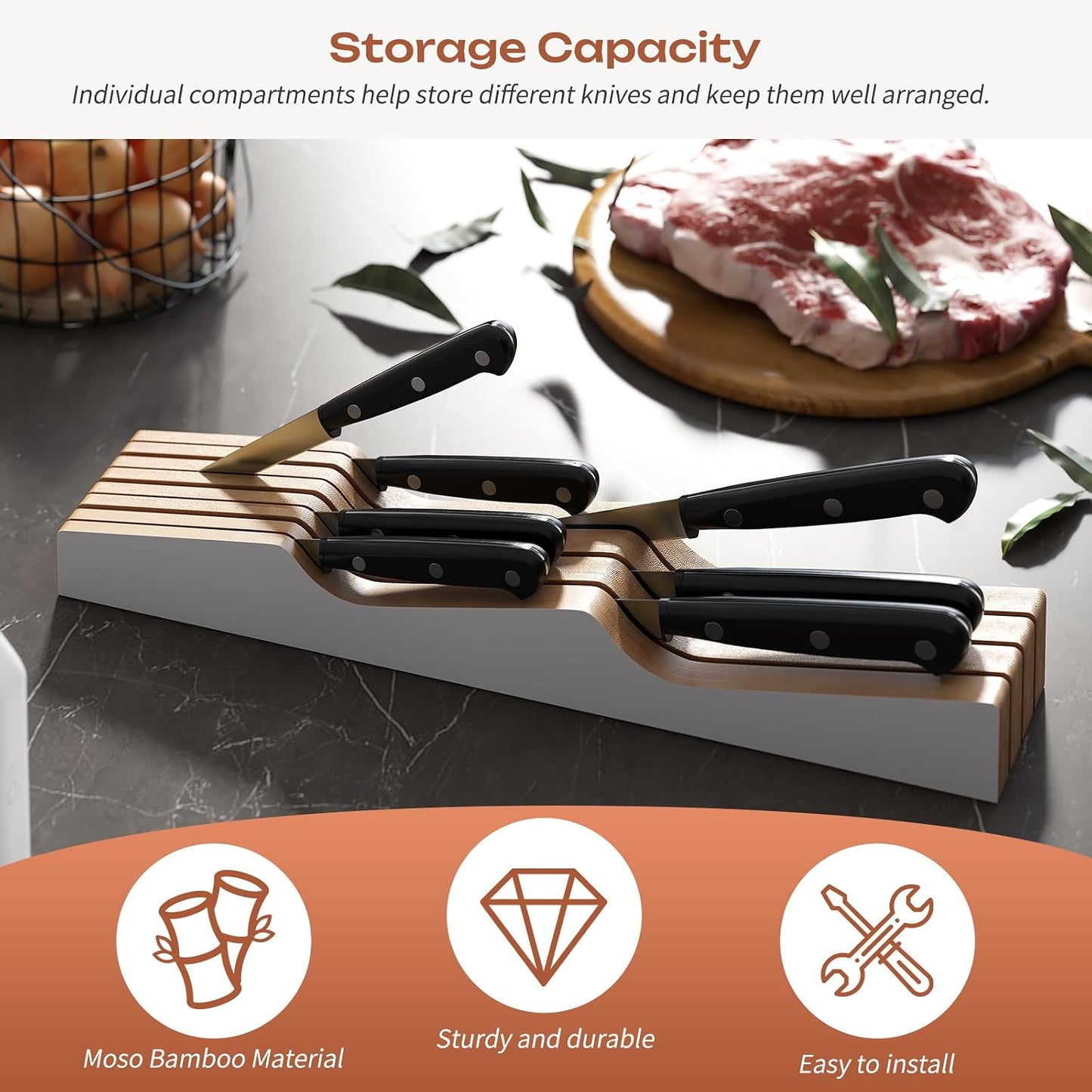 In-Drawer Knife Block Organizer - Bamboo Wood Drawer Knife Organizer-Protecting Knife Organizer Block (Not Included) (Natural, 7 Knives Dock)