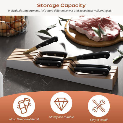 In-Drawer Knife Block Organizer - Bamboo Wood Drawer Knife Organizer-Protecting Knife Organizer Block (Not Included) (Natural, 7 Knives Dock)