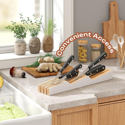 In-Drawer Knife Block Organizer - Bamboo Wood Drawer Knife Organizer-Protecting Knife Organizer Block (Not Included) (Natural, 7 Knives Dock)