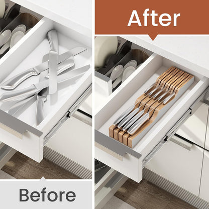 In-Drawer Knife Block Organizer - Bamboo Wood Drawer Knife Organizer-Protecting Knife Organizer Block (Not Included) (Natural, 7 Knives Dock)