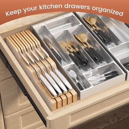 In-Drawer Knife Block Organizer - Bamboo Wood Drawer Knife Organizer-Protecting Knife Organizer Block (Not Included) (Natural, 7 Knives Dock)