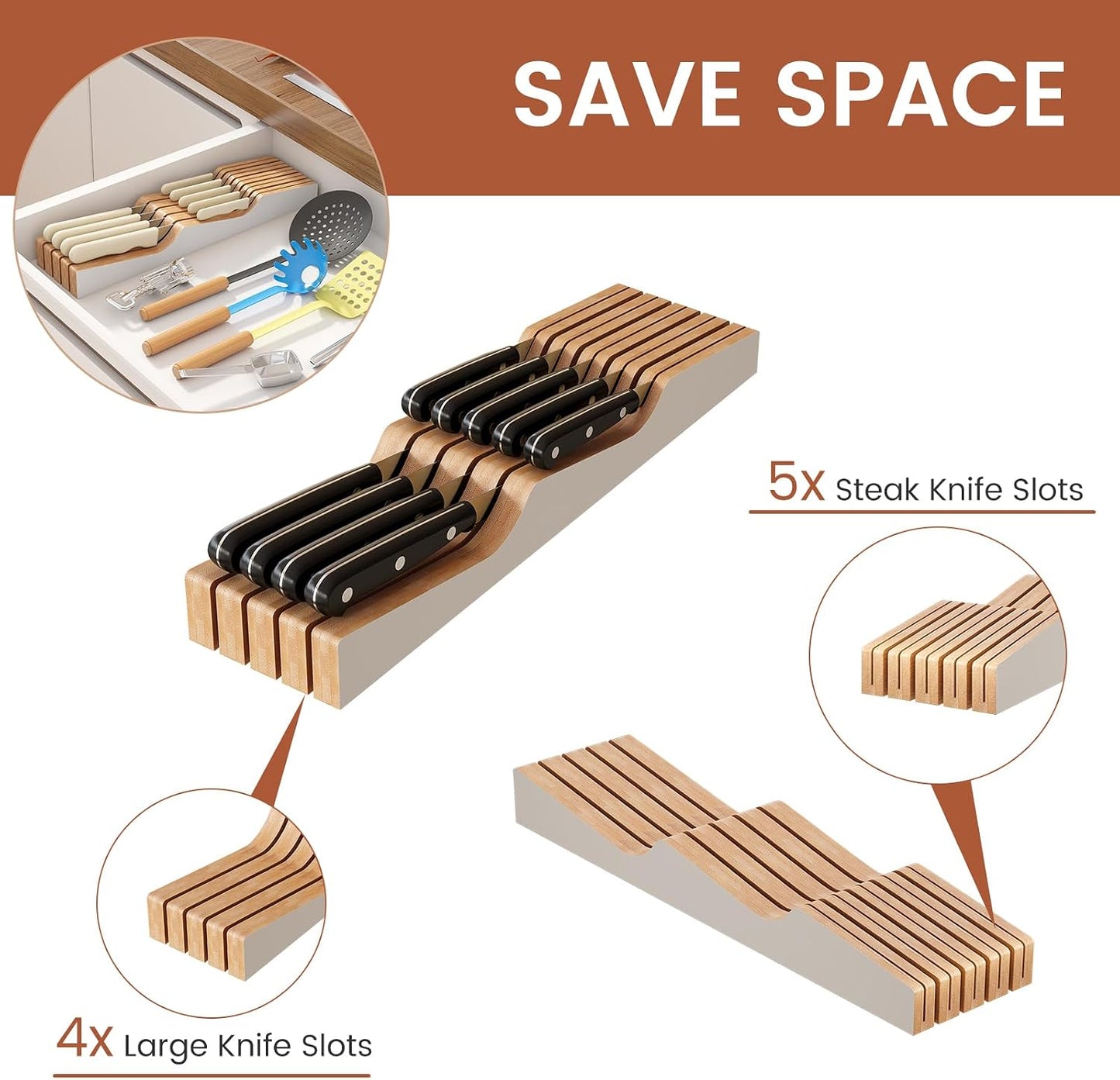 In-Drawer Knife Block Organizer - Bamboo Wood Drawer Knife Organizer-Protecting Knife Organizer Block (Not Included) (Natural, 7 Knives Dock)