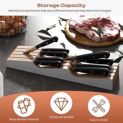 In-Drawer Knife Block Organizer - Bamboo Wood Drawer Knife Organizer-Protecting Knife Organizer Block (Not Included) (Natural, 7 Knives Dock)