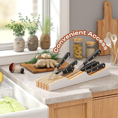 In-Drawer Knife Block Organizer - Bamboo Wood Drawer Knife Organizer-Protecting Knife Organizer Block (Not Included) (Natural, 7 Knives Dock)