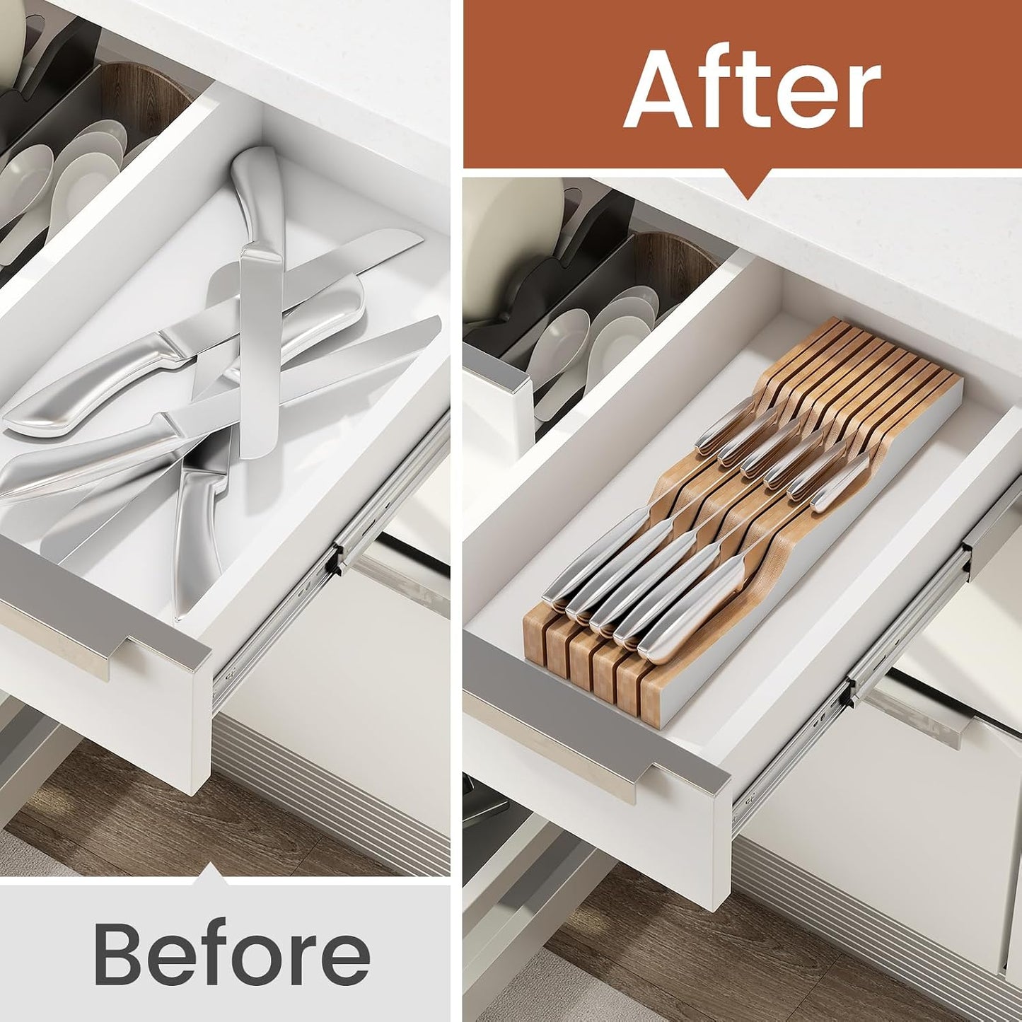 In-Drawer Knife Block Organizer - Bamboo Wood Drawer Knife Organizer-Protecting Knife Organizer Block (Not Included) (Natural, 7 Knives Dock)