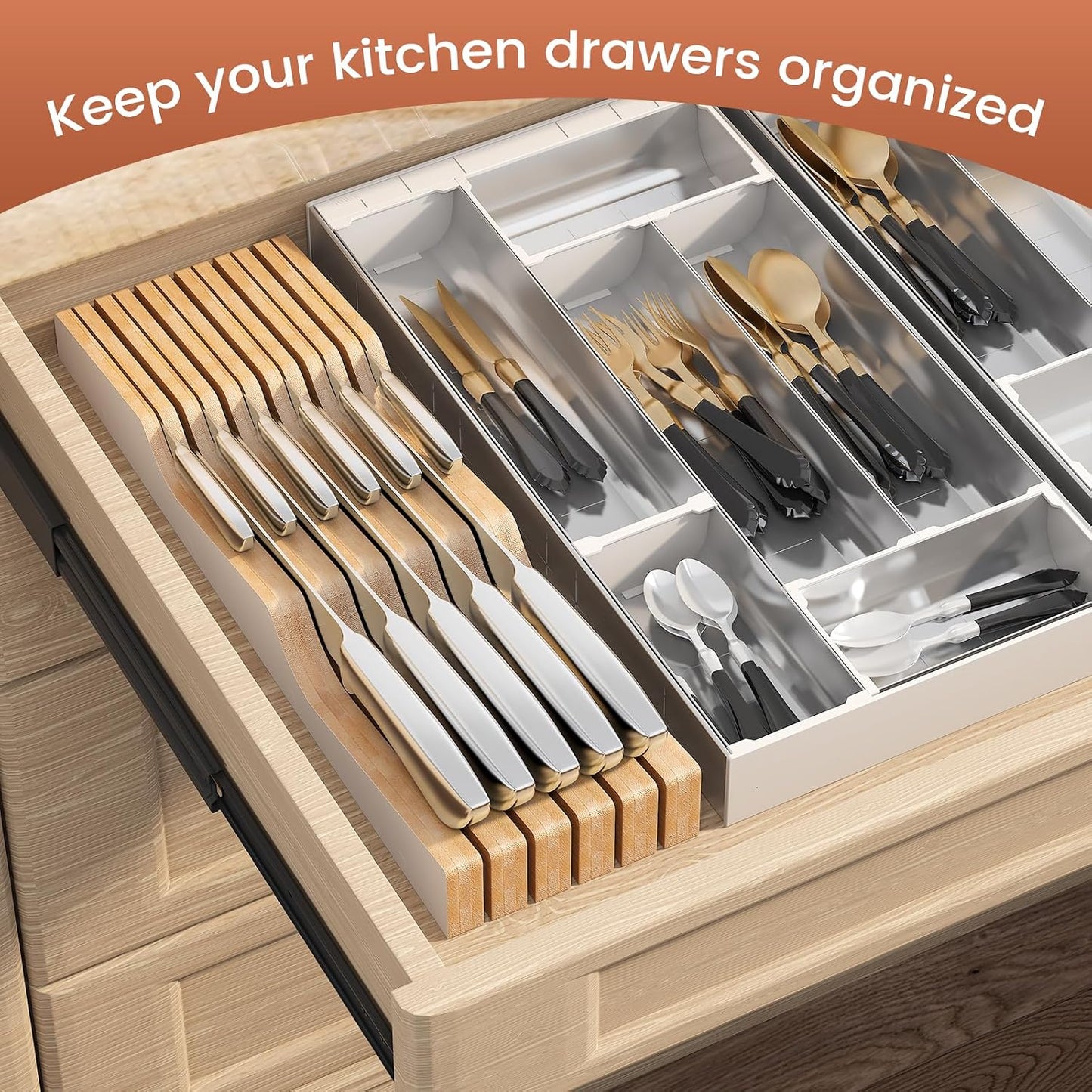 In-Drawer Knife Block Organizer - Bamboo Wood Drawer Knife Organizer-Protecting Knife Organizer Block (Not Included) (Natural, 7 Knives Dock)