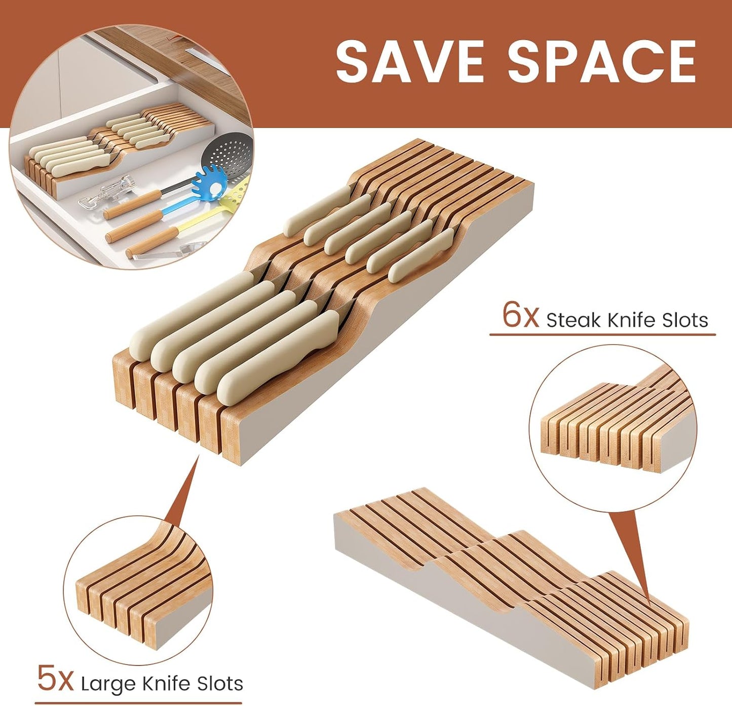 In-Drawer Knife Block Organizer - Bamboo Wood Drawer Knife Organizer-Protecting Knife Organizer Block (Not Included) (Natural, 7 Knives Dock)