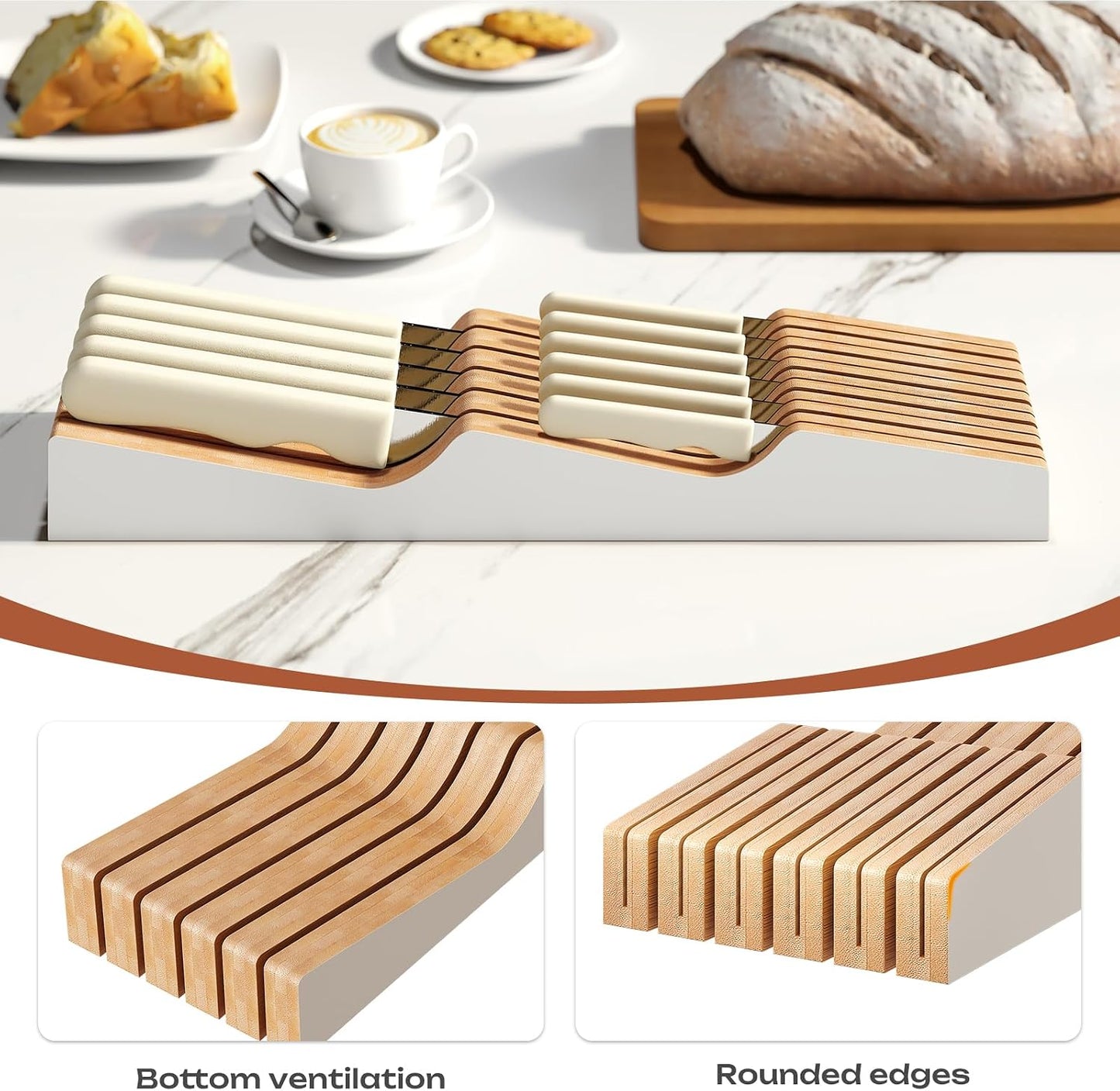 In-Drawer Knife Block Organizer - Bamboo Wood Drawer Knife Organizer-Protecting Knife Organizer Block (Not Included) (Natural, 7 Knives Dock)