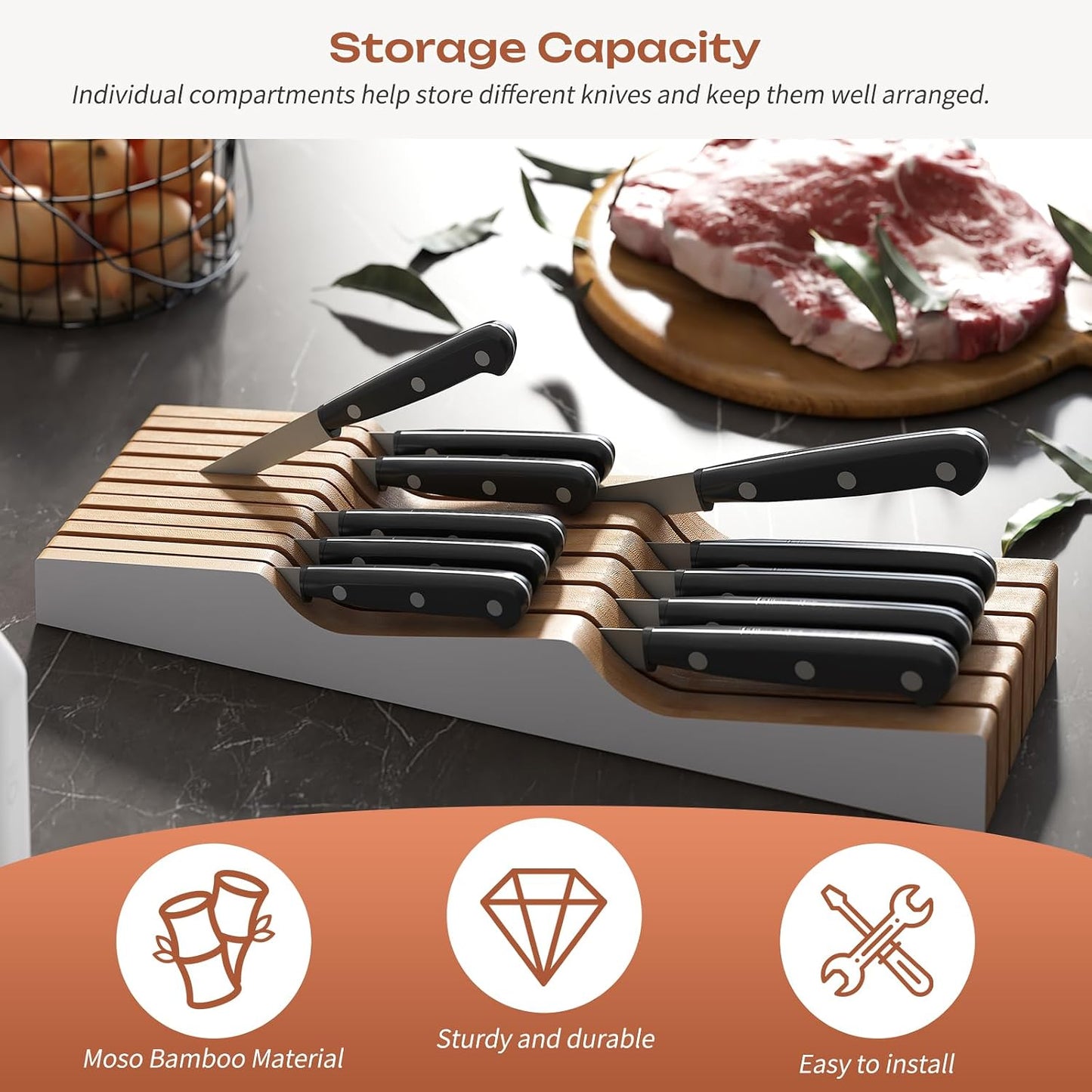 In-Drawer Knife Block Organizer - Bamboo Wood Drawer Knife Organizer-Protecting Knife Organizer Block (Not Included) (Natural, 7 Knives Dock)