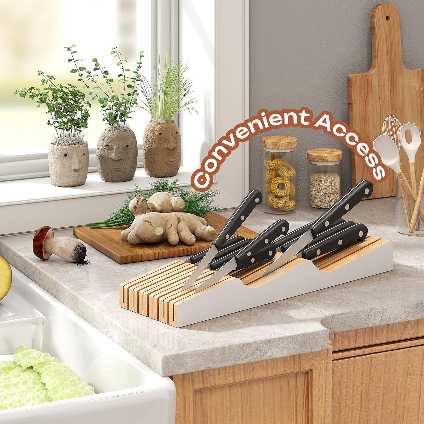 In-Drawer Knife Block Organizer - Bamboo Wood Drawer Knife Organizer-Protecting Knife Organizer Block (Not Included) (Natural, 7 Knives Dock)