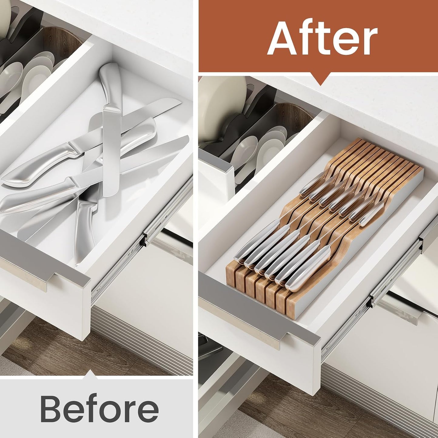 In-Drawer Knife Block Organizer - Bamboo Wood Drawer Knife Organizer-Protecting Knife Organizer Block (Not Included) (Natural, 7 Knives Dock)