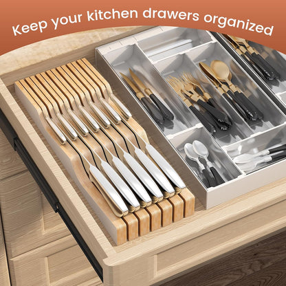 In-Drawer Knife Block Organizer - Bamboo Wood Drawer Knife Organizer-Protecting Knife Organizer Block (Not Included) (Natural, 7 Knives Dock)