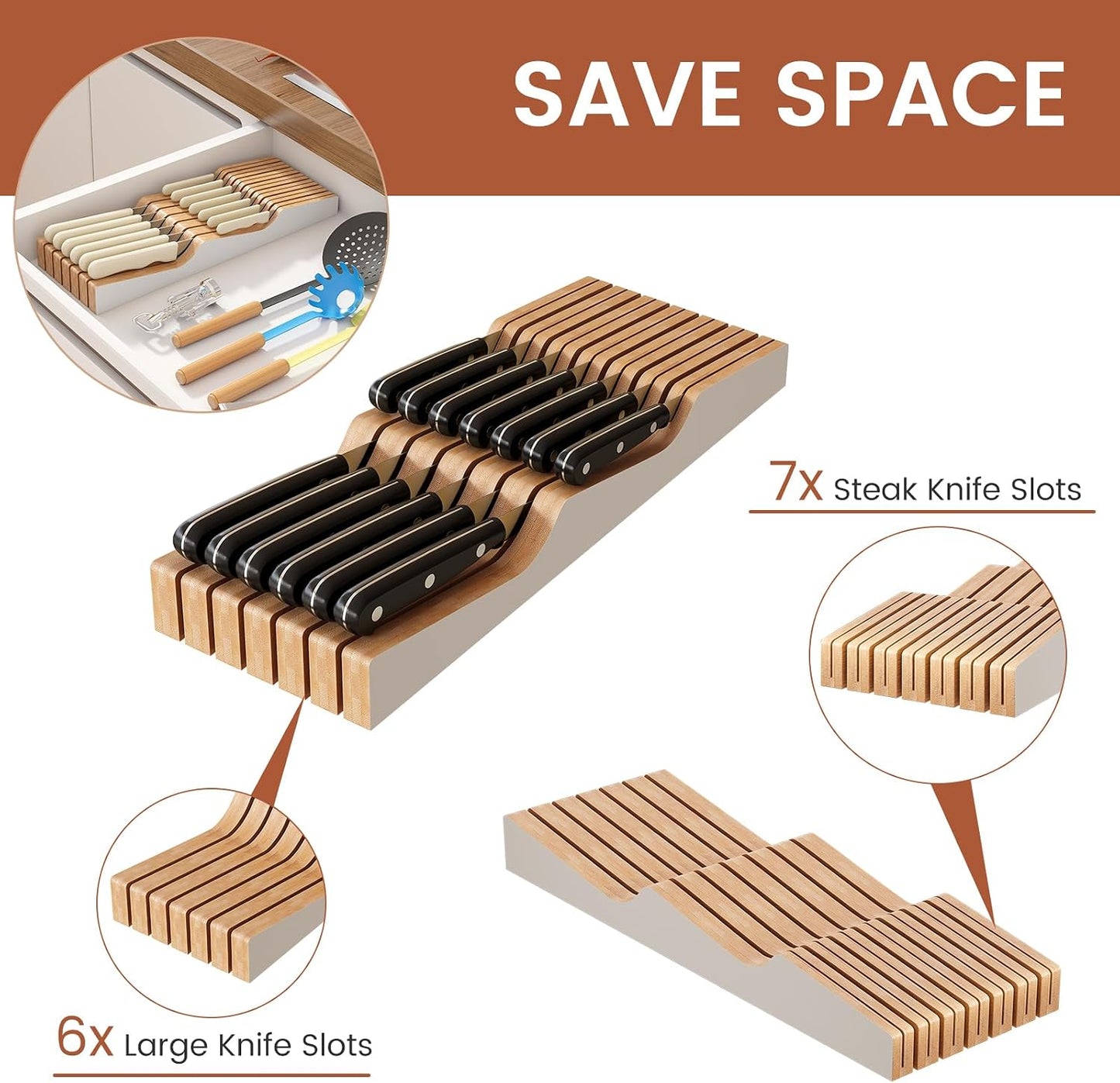 In-Drawer Knife Block Organizer - Bamboo Wood Drawer Knife Organizer-Protecting Knife Organizer Block (Not Included) (Natural, 7 Knives Dock)
