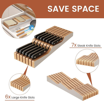 In-Drawer Knife Block Organizer - Bamboo Wood Drawer Knife Organizer-Protecting Knife Organizer Block (Not Included) (Natural, 7 Knives Dock)