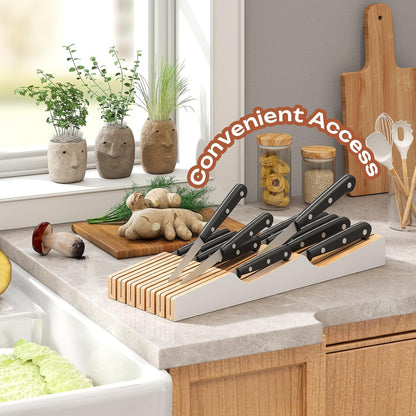 In-Drawer Knife Block Organizer - Bamboo Wood Drawer Knife Organizer-Protecting Knife Organizer Block (Not Included) (Natural, 7 Knives Dock)