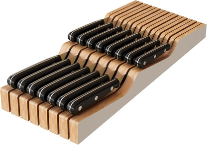 In-Drawer Knife Block Organizer - Bamboo Wood Drawer Knife Organizer-Protecting Knife Organizer Block (Not Included) (Natural, 7 Knives Dock)
