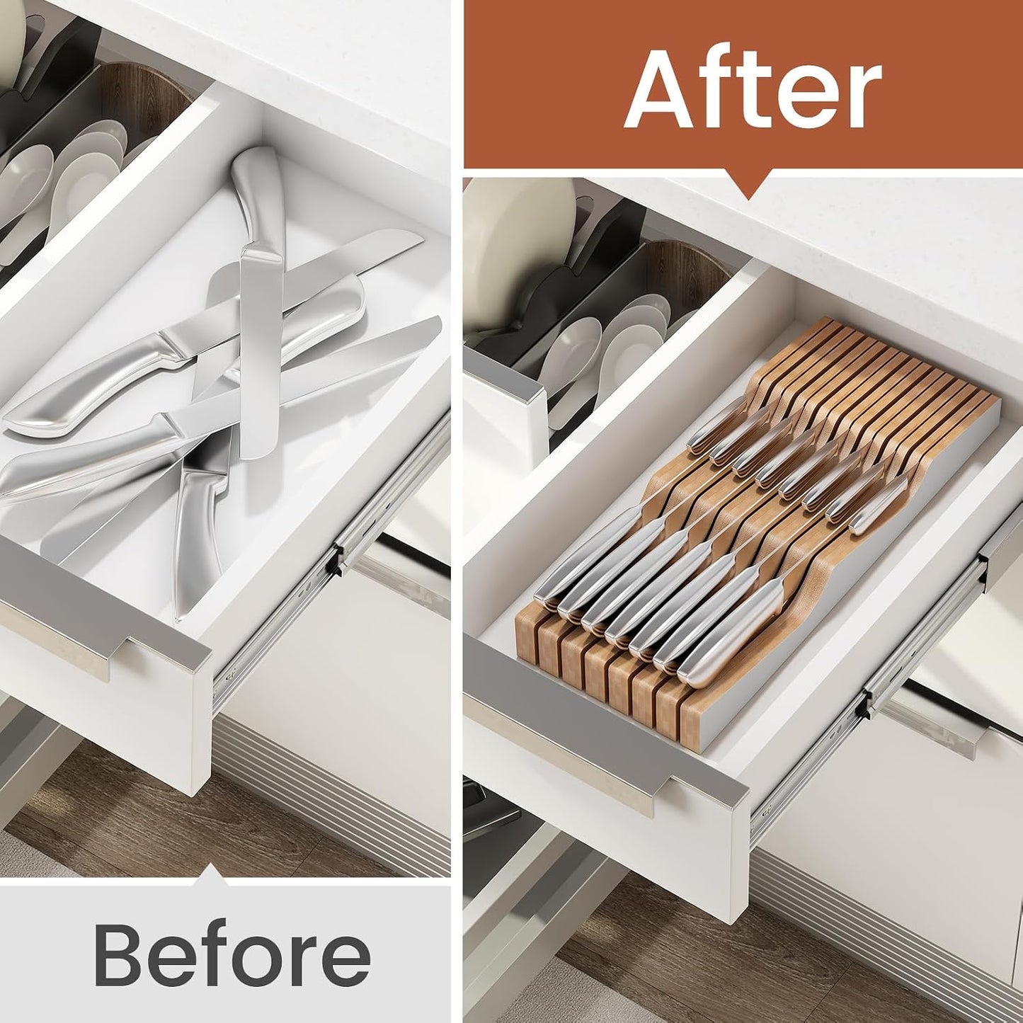 In-Drawer Knife Block Organizer - Bamboo Wood Drawer Knife Organizer-Protecting Knife Organizer Block (Not Included) (Natural, 7 Knives Dock)