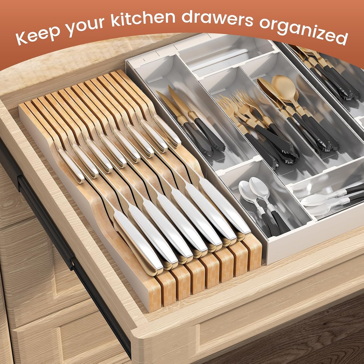 In-Drawer Knife Block Organizer - Bamboo Wood Drawer Knife Organizer-Protecting Knife Organizer Block (Not Included) (Natural, 7 Knives Dock)