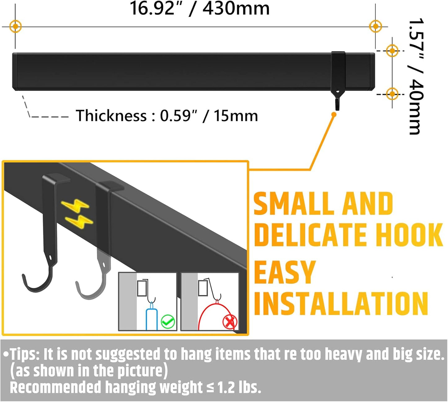 Fridge Applicable 17 Inch Double Sided Magnetic Knife Holder - Stainless Steel Knife Strip With Powerful Magnetic Pull Force - Use as Kitchen Knife Holder, Knife Rack & Tool Holder - Matte Black