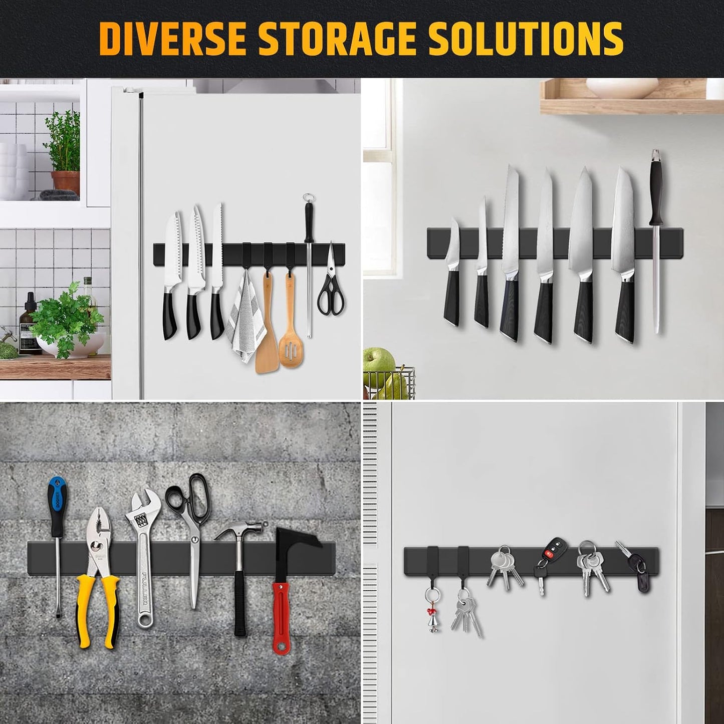 Fridge Applicable 17 Inch Double Sided Magnetic Knife Holder - Stainless Steel Knife Strip With Powerful Magnetic Pull Force - Use as Kitchen Knife Holder, Knife Rack & Tool Holder - Matte Black