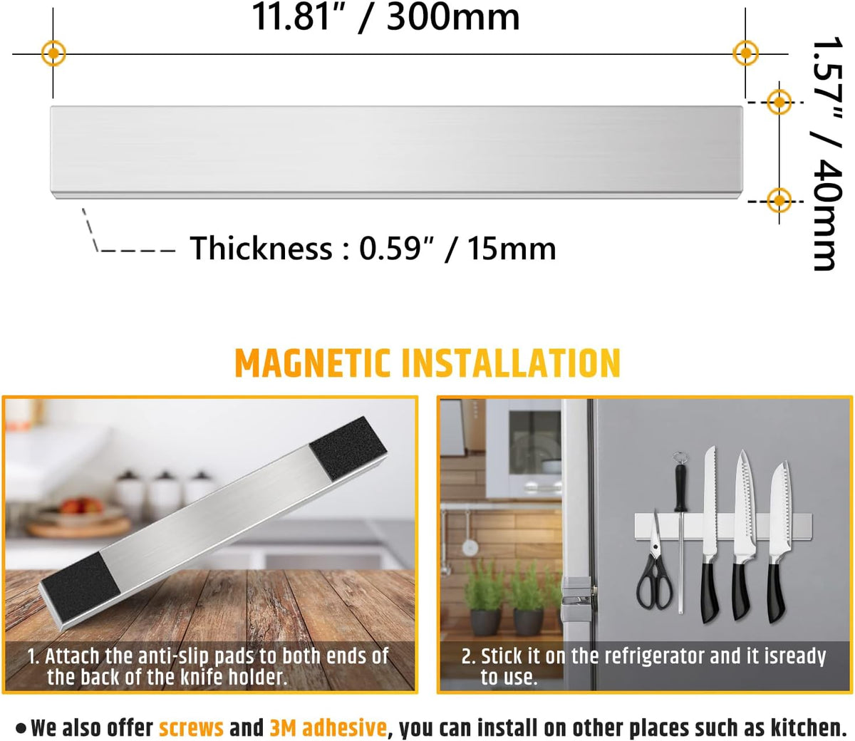 Fridge Applicable 17 Inch Double Sided Magnetic Knife Holder - Stainless Steel Knife Strip With Powerful Magnetic Pull Force - Use as Kitchen Knife Holder, Knife Rack & Tool Holder - Matte Black