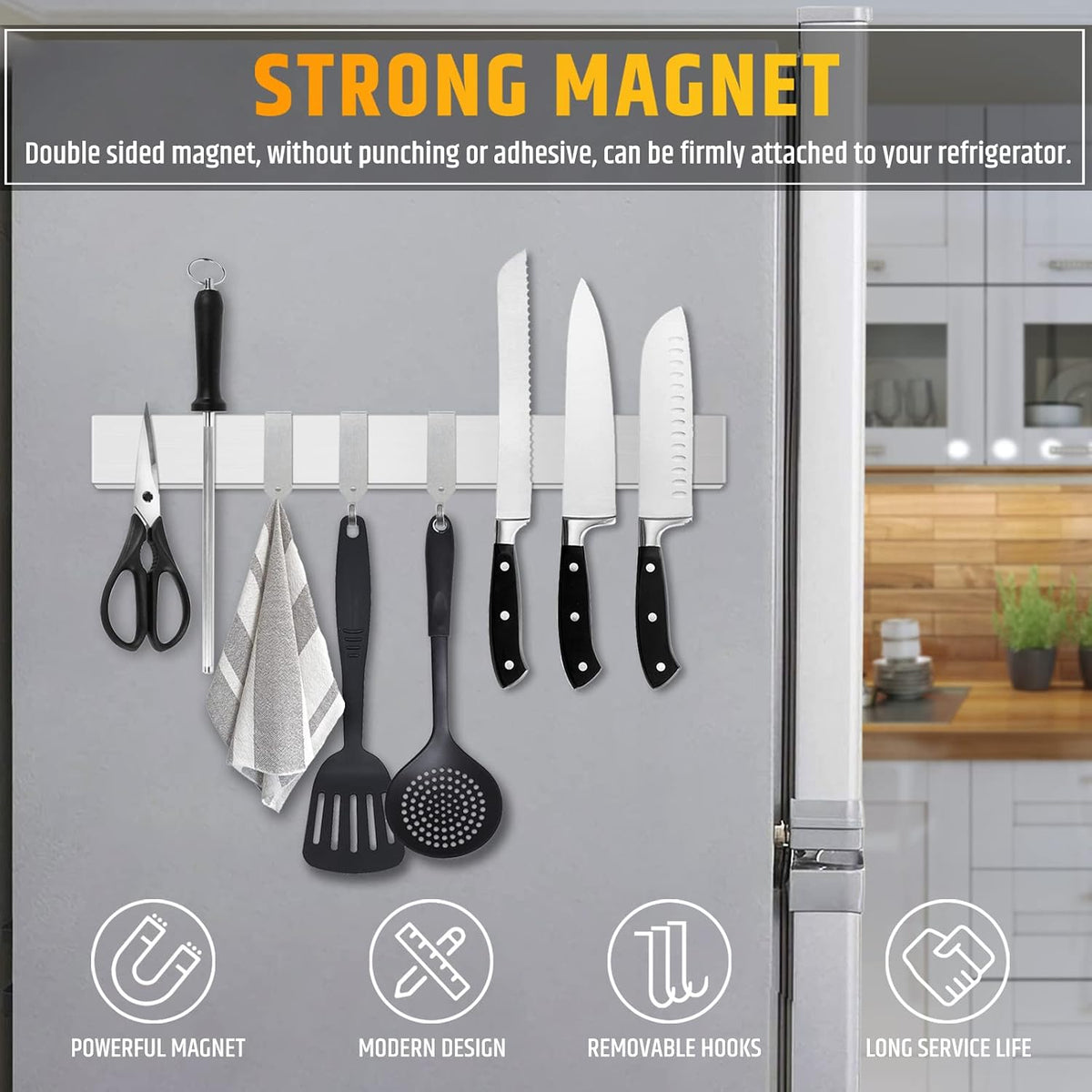 Fridge Applicable 17 Inch Double Sided Magnetic Knife Holder - Stainless Steel Knife Strip With Powerful Magnetic Pull Force - Use as Kitchen Knife Holder, Knife Rack & Tool Holder - Matte Black