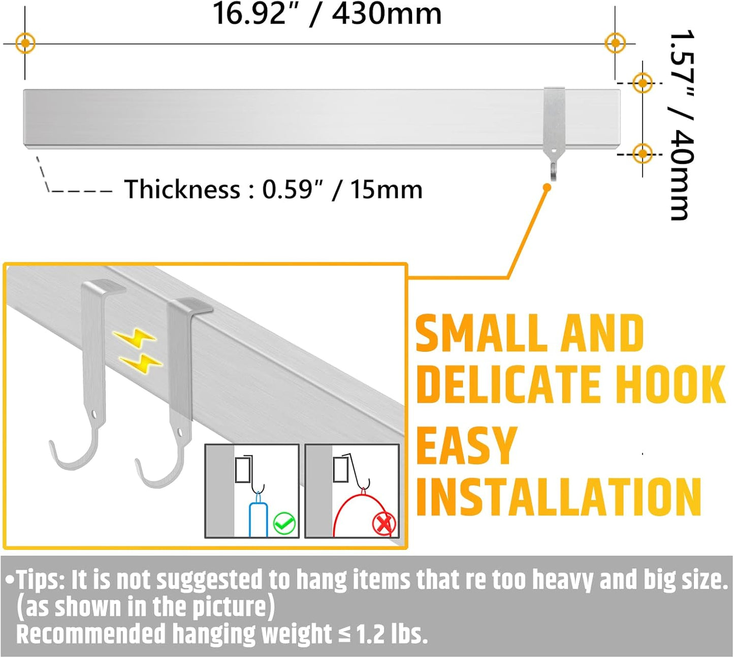 Fridge Applicable 17 Inch Double Sided Magnetic Knife Holder - Stainless Steel Knife Strip With Powerful Magnetic Pull Force - Use as Kitchen Knife Holder, Knife Rack & Tool Holder - Matte Black