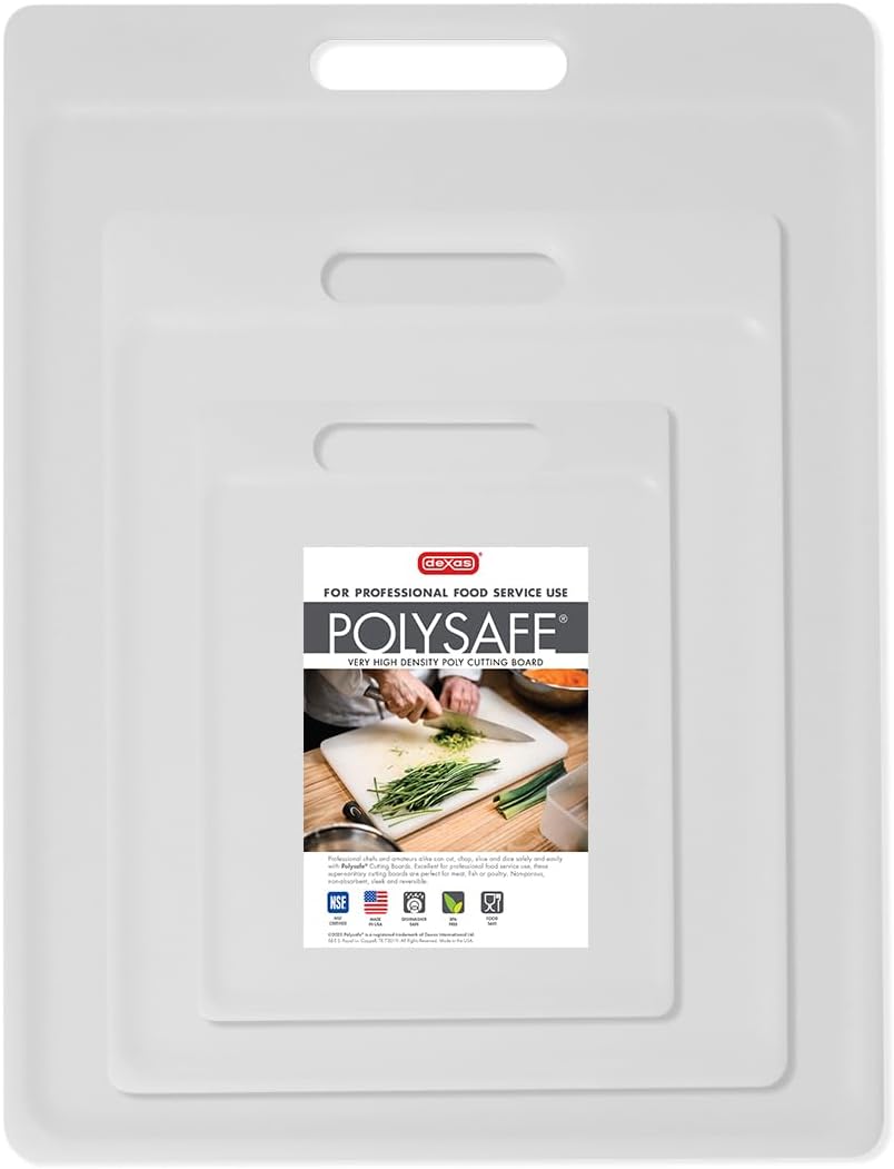 3-Pack NSF Certified Polysafe Cutting Boards with Handle, 6.25 x 8.5, 8.5 x 11, 11 x 14.5 Inches, Reversible Kitchen Cutting Board, White