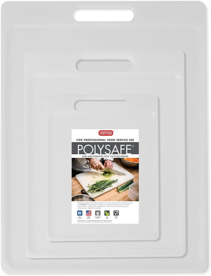 3-Pack NSF Certified Polysafe Cutting Boards with Handle, 6.25 x 8.5, 8.5 x 11, 11 x 14.5 Inches, Reversible Kitchen Cutting Board, White