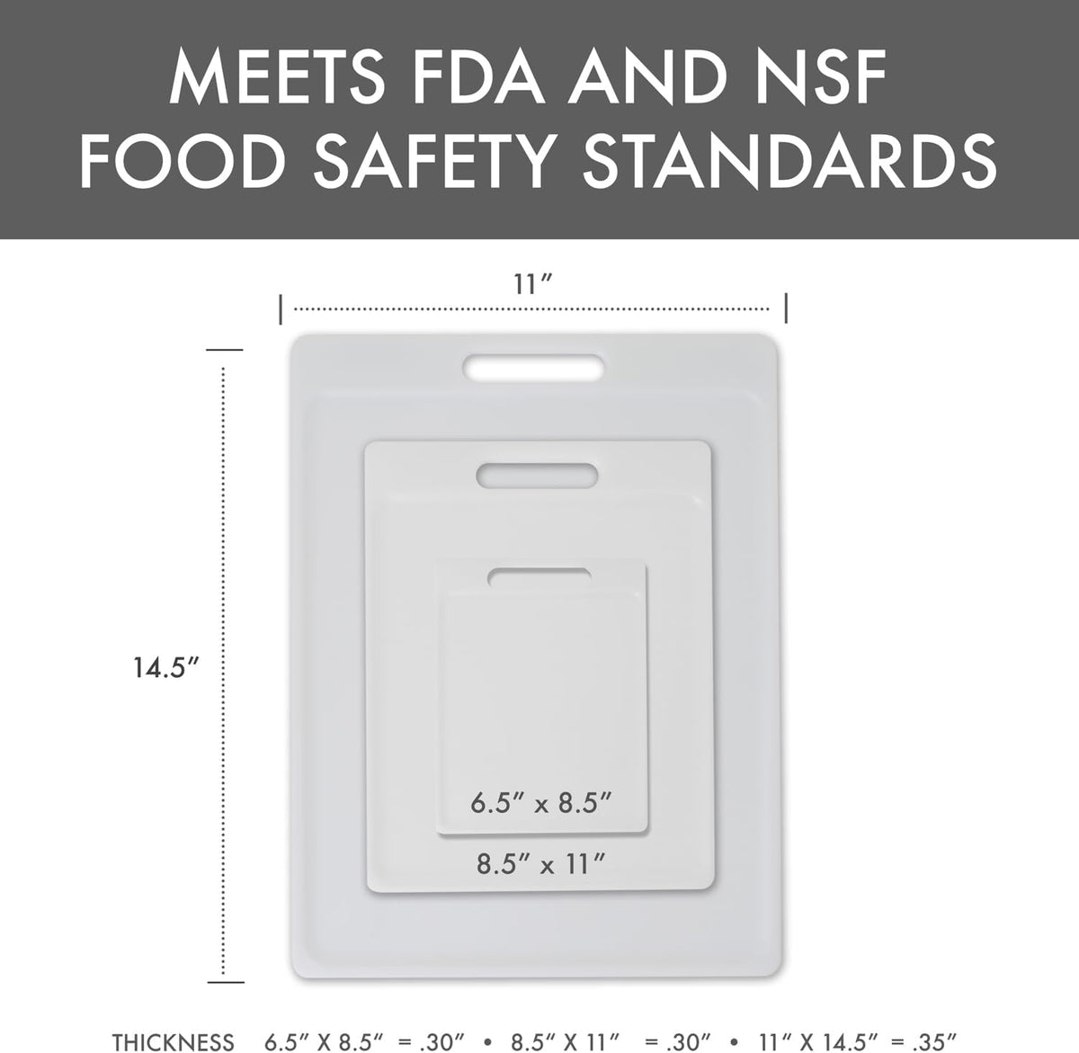 3-Pack NSF Certified Polysafe Cutting Boards with Handle, 6.25 x 8.5, 8.5 x 11, 11 x 14.5 Inches, Reversible Kitchen Cutting Board, White