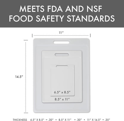 3-Pack NSF Certified Polysafe Cutting Boards with Handle, 6.25 x 8.5, 8.5 x 11, 11 x 14.5 Inches, Reversible Kitchen Cutting Board, White