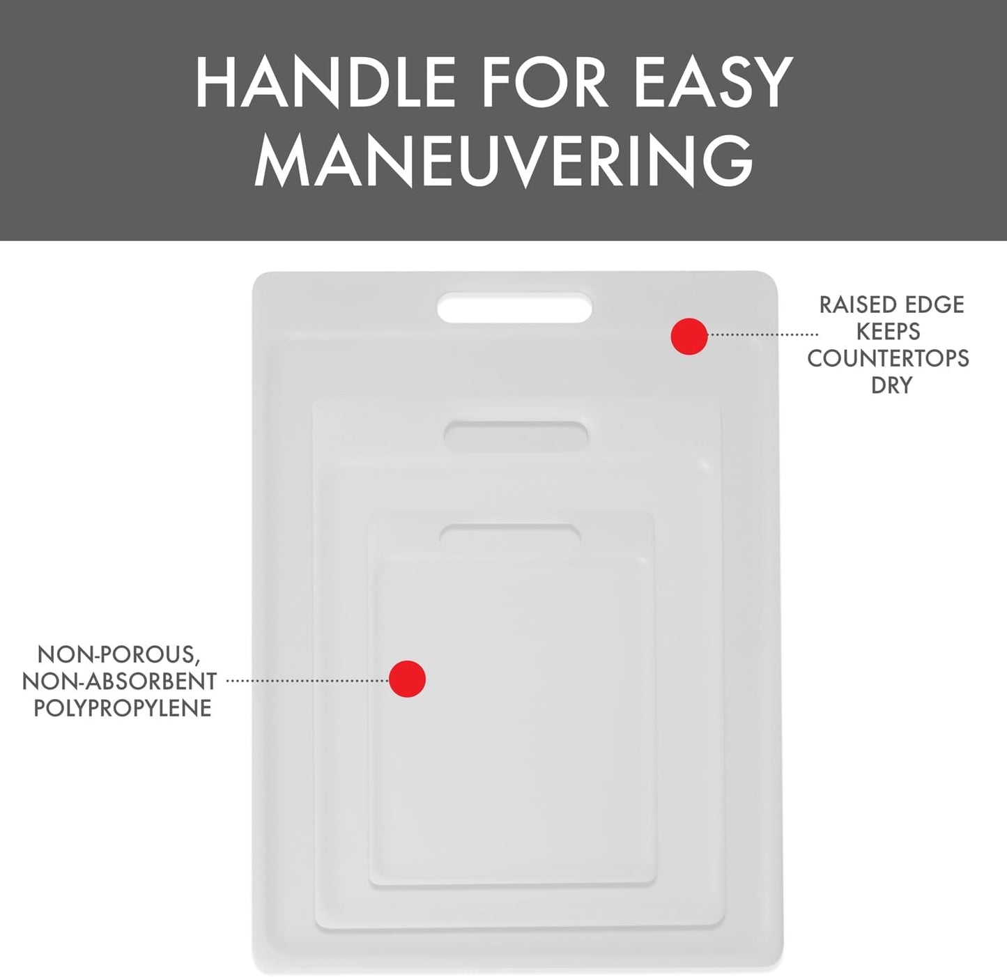 3-Pack NSF Certified Polysafe Cutting Boards with Handle, 6.25 x 8.5, 8.5 x 11, 11 x 14.5 Inches, Reversible Kitchen Cutting Board, White