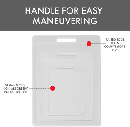 3-Pack NSF Certified Polysafe Cutting Boards with Handle, 6.25 x 8.5, 8.5 x 11, 11 x 14.5 Inches, Reversible Kitchen Cutting Board, White