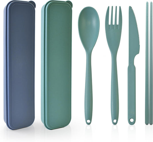 Large Plastic Reusable Utensils Set with Case, Travel Chopsticks Fork Spoon Knife Set for Lunch Box, Portable Cutlery Sets for Travel Camping Daily Use (2 Sets), Blue, Green