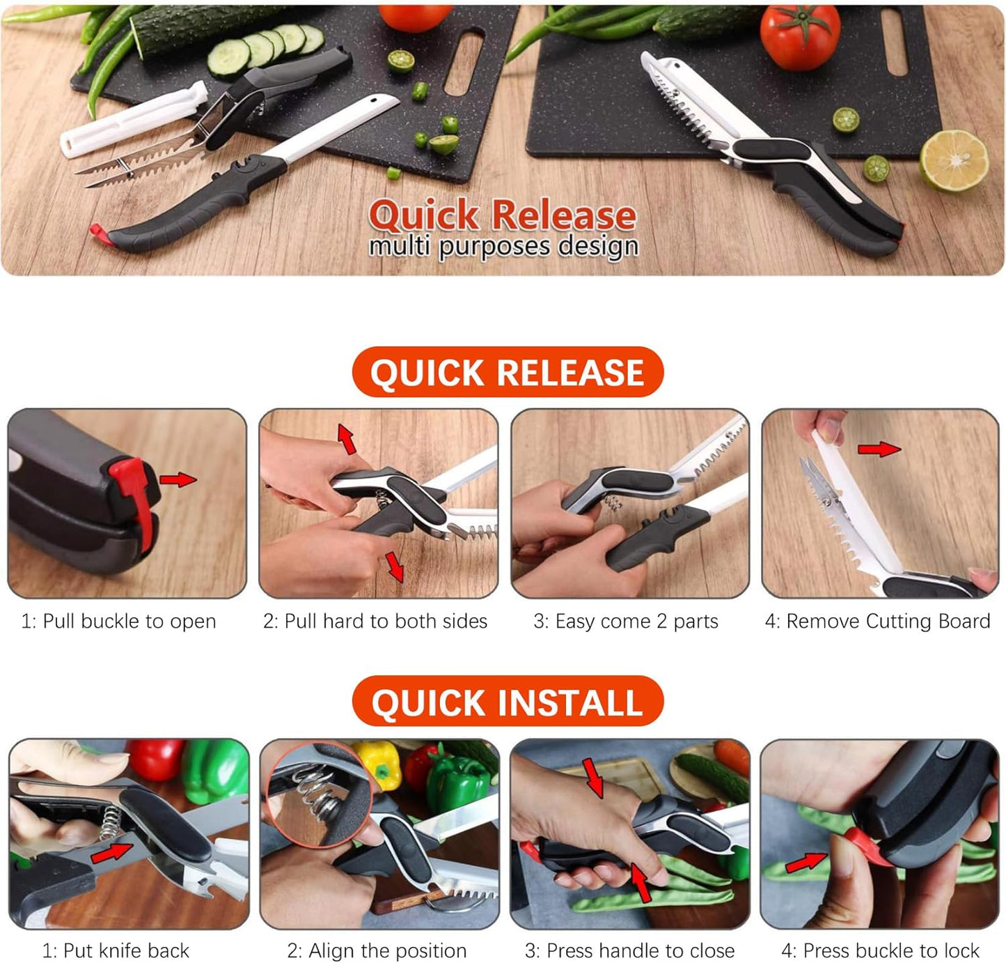 Kitchen Scissors for Food Slicer Cutter,Quick Release/Install Kitchen Shears Cutting Board Knife Combo for Veggie,Carrots,cucumbers,potatoes,Barbecue Dishwasher Safe (Black)