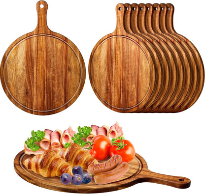 10 Pcs Round Wood Cutting Board with Handle Acacia Wooden Serving Kitchen Chopping Boards for Pizza, Bread, Cheese, Charcuterie, Fruit, Vegetables(Acacia)
