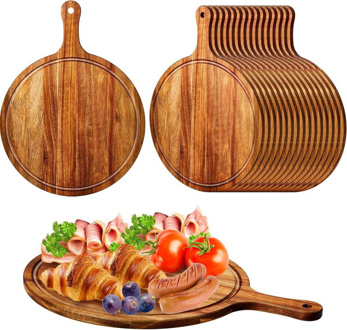10 Pcs Round Wood Cutting Board with Handle Acacia Wooden Serving Kitchen Chopping Boards for Pizza, Bread, Cheese, Charcuterie, Fruit, Vegetables(Acacia)