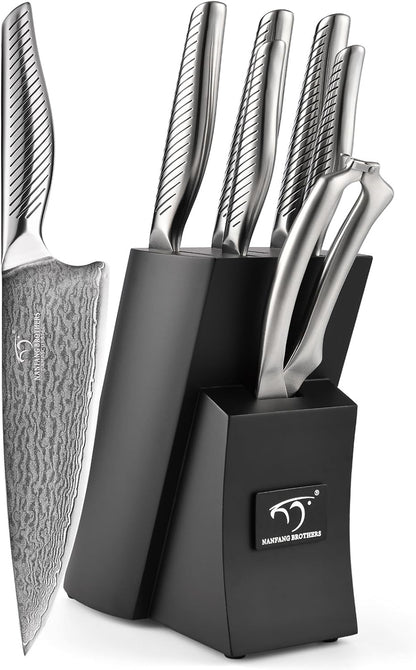 ® 7 Pieces Damascus Kitchen Knife Set, High Carbon Stainless Steel Damascus Steel Chef Knife Set, Stainless Steel Ergonomic Handle for Chef, Knife Block Set for Chopping NF