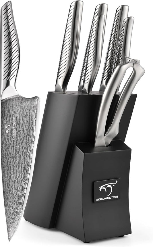 ® 7 Pieces Damascus Kitchen Knife Set, High Carbon Stainless Steel Damascus Steel Chef Knife Set, Stainless Steel Ergonomic Handle for Chef, Knife Block Set for Chopping NF