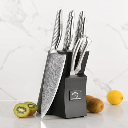 ® 7 Pieces Damascus Kitchen Knife Set, High Carbon Stainless Steel Damascus Steel Chef Knife Set, Stainless Steel Ergonomic Handle for Chef, Knife Block Set for Chopping NF