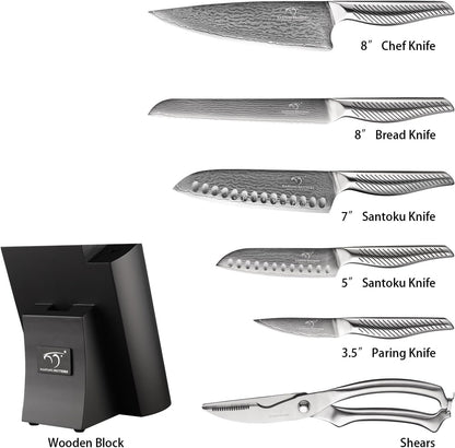® 7 Pieces Damascus Kitchen Knife Set, High Carbon Stainless Steel Damascus Steel Chef Knife Set, Stainless Steel Ergonomic Handle for Chef, Knife Block Set for Chopping NF