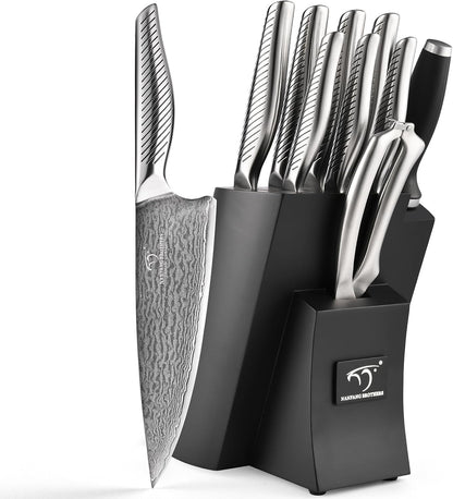 ® 7 Pieces Damascus Kitchen Knife Set, High Carbon Stainless Steel Damascus Steel Chef Knife Set, Stainless Steel Ergonomic Handle for Chef, Knife Block Set for Chopping NF